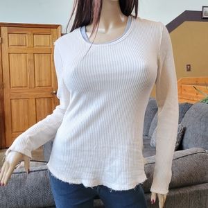 BKE Thermal Tee Cream Beige Long Sleeve Waffle Knit T-Shirt Raw Edge Top Buckle